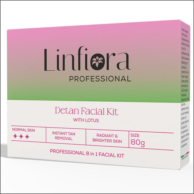 Linfiora Professional Detan 8 Steps Facial Kit with Lotus Extract packaging, featuring bright gradient colors and clear labeling for instant tan removal and radiant, brighter skin. Ideal facial kit for men and women, promoting glow, hydration, and nutrition for all age groups - 80 gm.
