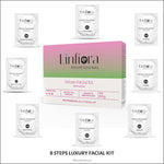 A visually appealing arrangement of Linfiora Professional Detan 8 Steps Facial Kit with Lotus Extract components displayed in an elegant setup, emphasizing the various steps of the facial process. The facial kit for men and women focuses on instant tan removal and achieving radiant, brighter skin, encouraging glow, hydration, and nutrition for all age groups - 80 gm.