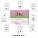 An array of components from Linfiora Professional Detan 8 Steps Facial Kit with Lotus Extract displayed alongside the main packaging, showcasing the individual sachets including cleanser, scrub, and more. This facial kit for men and women is designed for instant tan removal and achieving a radiant, brighter complexion, emphasizing glow, hydration, and nutrition for all age groups - 80 gm.
