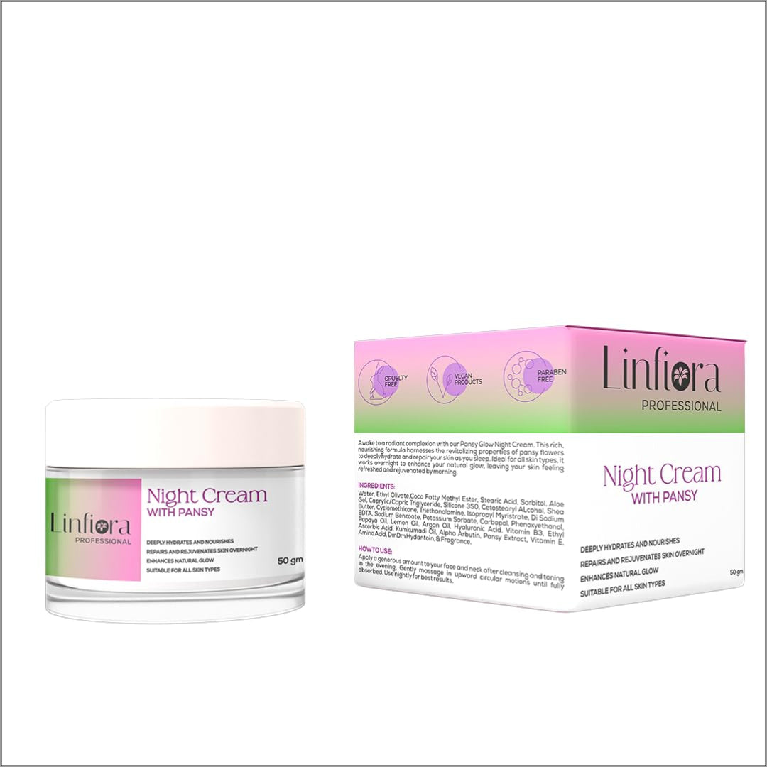 Linfiora Professional Night Cream with Pansy displayed beside its packaging, highlighting its use as a night cream for hydration. This image showcases the product designed for skin repair and rejuvenation, emphasizing hydration and the absence of harsh chemicals. Ideal for all skin types, this clean beauty product supports nourishment while appealing to both men and women.