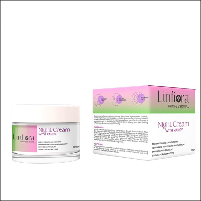 Linfiora Professional Night Cream with Pansy displayed beside its packaging, highlighting its use as a night cream for hydration. This image showcases the product designed for skin repair and rejuvenation, emphasizing hydration and the absence of harsh chemicals. Ideal for all skin types, this clean beauty product supports nourishment while appealing to both men and women.