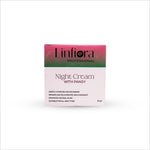 Close-up of the packaging for Linfiora Professional Night Cream with Pansy, emphasizing its role as a night cream for hydration. The packaging features details about its nourishing and rejuvenating properties, stating it's suitable for all skin types and adheres to clean beauty standards without harsh chemicals.