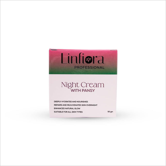Close-up of the packaging for Linfiora Professional Night Cream with Pansy, emphasizing its role as a night cream for hydration. The packaging features details about its nourishing and rejuvenating properties, stating it's suitable for all skin types and adheres to clean beauty standards without harsh chemicals.
