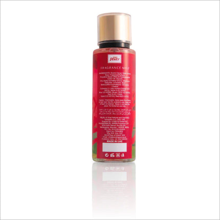 Back view of Lovey Dovey Body Mist by BIRRA. The label lists detailed product information, including ingredients and usage instructions, against a colorful background that matches the bottle's design.