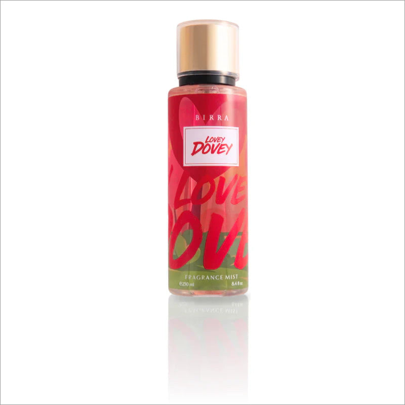 Lovey Dovey Body Mist by BIRRA shown in front view. The bottle features a vibrant design with shades of red and green, displaying the product name prominently. Ideal for enhancing your fragrance collection.
