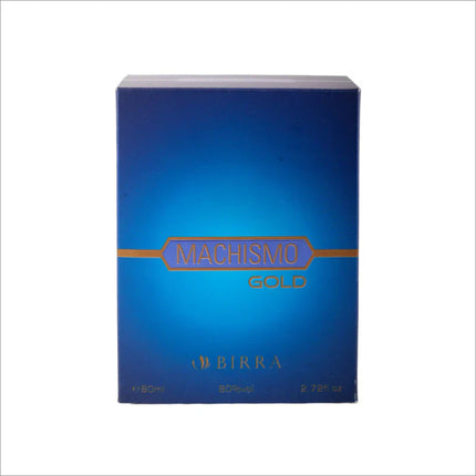 Front view of the blue packaging for Machismo Gold Eau de Parfum 80ml, highlighting the sleek design and gold accents on the box.