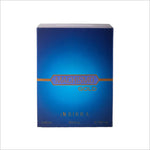 Front view of the blue packaging for Machismo Gold Eau de Parfum 80ml, highlighting the sleek design and gold accents on the box.