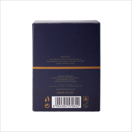 Back view of the Machismo Gold Eau de Parfum 80ml packaging, detailing the ingredients and safety precautions listed in a clear and professional layout.