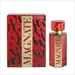 MAGNATE Premium Perfume by BIRRA, displayed with the elegant bottle and its coordinating red and black packaging, emphasizing its sophisticated design.
