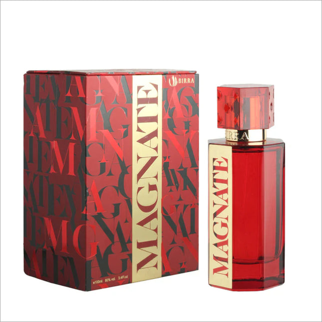 MAGNATE Premium Perfume by BIRRA displayed with its striking red and black packaging, featuring the product bottle beside the decorative box.