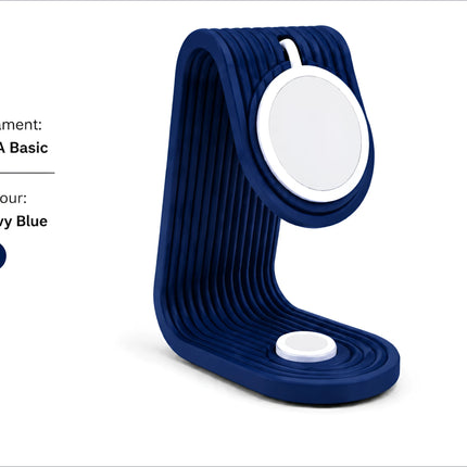 Navy blue 3d printed ribbed charging stand desk dock with white circular pads for apple watch and iphone mag safe charging