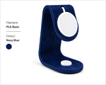 Navy blue 3d printed ribbed charging stand desk dock with white circular pads for apple watch and iphone mag safe charging