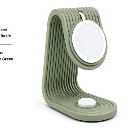 Sage green ribbed charging stand with circular white pads for apple watch and iphone desk dock with cable organizer