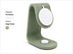 Sage green ribbed charging stand with circular white pads for apple watch and iphone desk dock with cable organizer