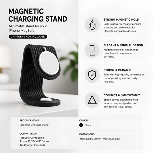 Black ribbed desk charging stand with magnetic 2-in-1 design for iphone magsafe and apple watch cable organizer