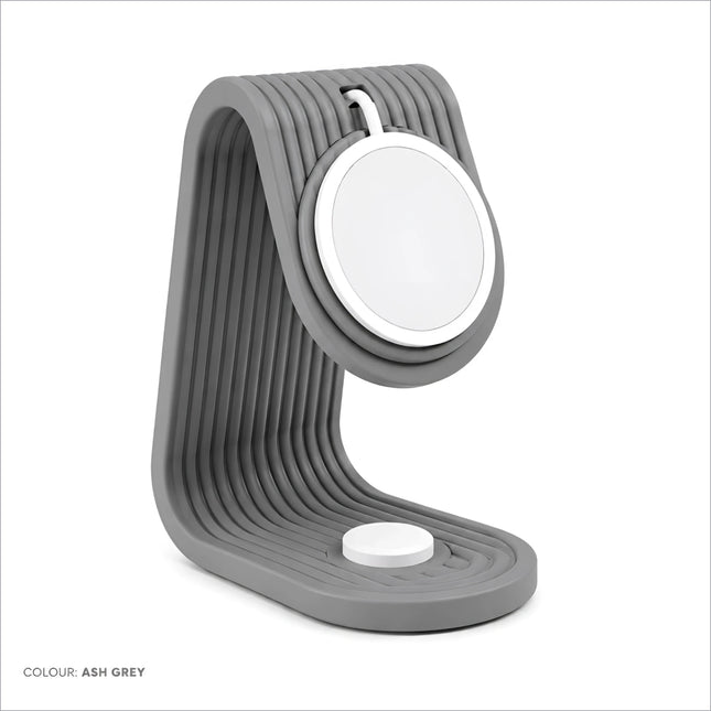 Ash grey silicone magSafe charging stand with ribbed design and white charging pad for apple watch desk dock use