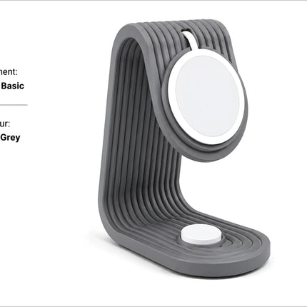 Ash grey plastic ribbed magSafe charging stand with circular white pads for apple watch and iphone desk dock use