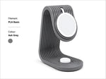 Ash grey plastic ribbed magSafe charging stand with circular white pads for apple watch and iphone desk dock use
