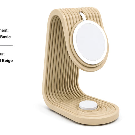 Sand beige wooden magsafe charging stand with curved ribbed design and two circular pads for apple watch and desk dock