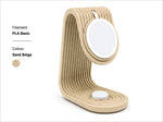Sand beige wooden magsafe charging stand with curved ribbed design and two circular pads for apple watch and desk dock