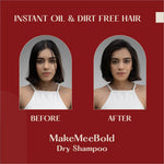 MakeMeeBold Dry Shampoo Spray for women, made from natural starch, delivers instant hair refresh; 200 ml packaging ideal for everyday use.