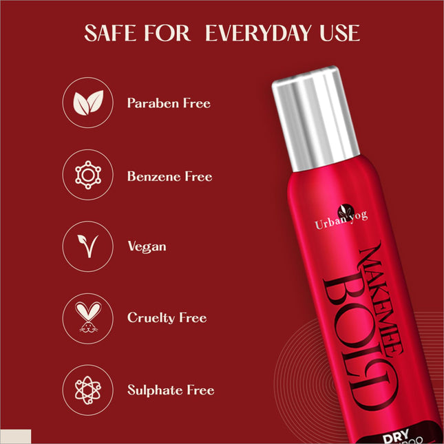 Benzene-free dry shampoo for women from Urban Yog; MakeMeeBold Dry Shampoo Spray packed in 200 ml for voluminous hair and daily use.