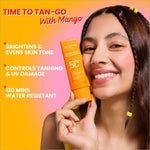 Application of Dot & Key Mango Detan Gel Sunscreen on skin, showcasing its lightweight texture and water-resistant properties, ideal for all skin types.