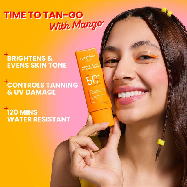 Application of Dot & Key Mango Detan Gel Sunscreen on skin, showcasing its lightweight texture and water-resistant properties, ideal for all skin types.