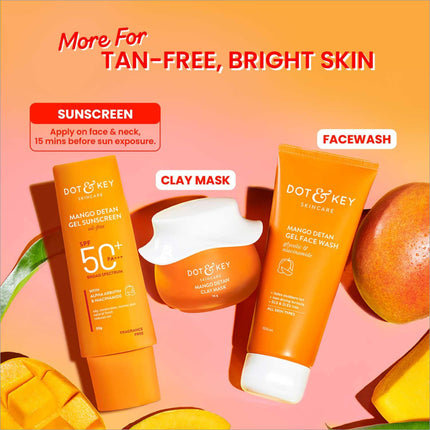 Packaging of Dot & Key Mango Detan Gel Sunscreen, featuring SPF 50+ PA+++ for effective sun protection and dark spot fading benefits.