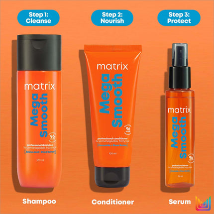 Matrix MATRIX Mega Smooth Conditioner designed for frizzy and dry unmanageable hair, offering 4 days of frizz control.