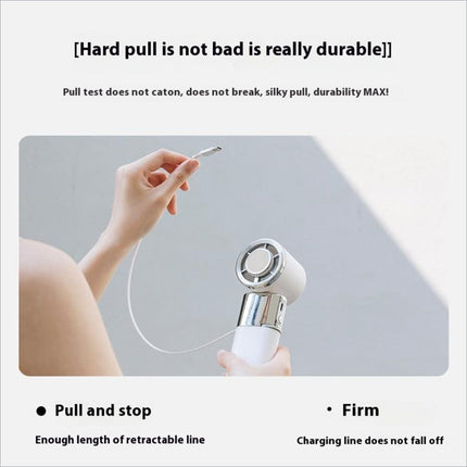 White and silver mf119 handheld fan with retractable cable adjustable 100 speeds usb rechargeable portable cooling fan