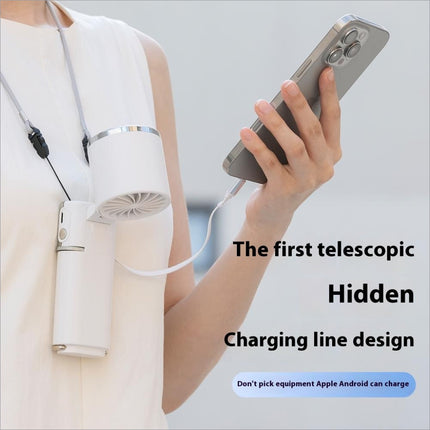 White mf119 handheld fan with retractable cable adjustable design and usb rechargeable portable cooling feature