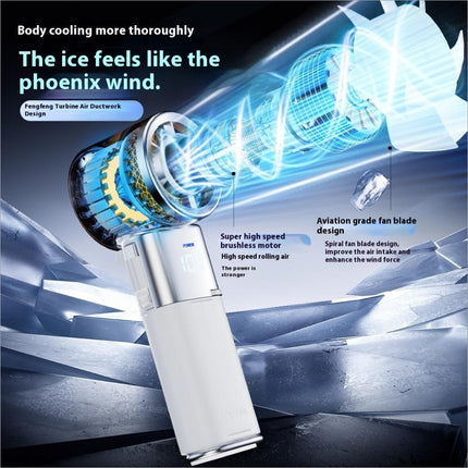 White mf119 handheld fan with retractable cable adjustable 100 speeds and visible brushless motor in sleek silver accent