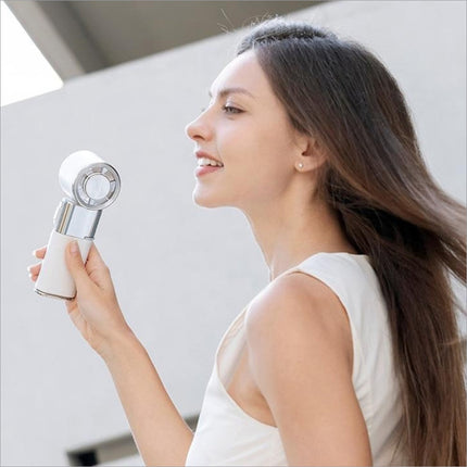 White and silver mf119 handheld fan with retractable cable adjustable speeds and usb rechargeable portable cooling design
