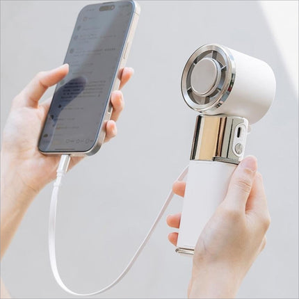 Mf119 handheld fan in white and silver with circular blade retractable cable adjustable 100 speeds usb rechargeable