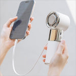 Mf119 handheld fan in white and silver with circular blade retractable cable adjustable 100 speeds usb rechargeable