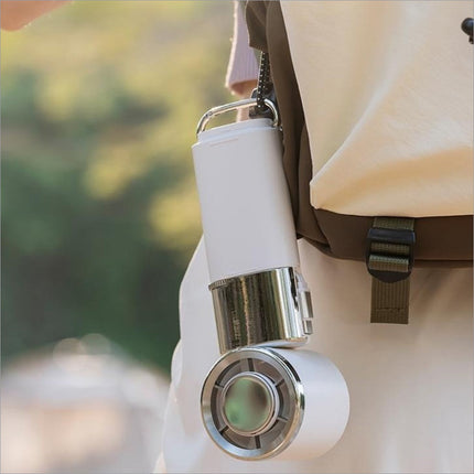 White and silver mf119 handheld fan with sleek cylindrical design retractable cable adjustable 100 speeds usb rechargeable