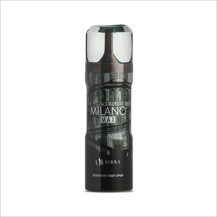 Front view of Milano Deo 200ml premium deodorant body spray by Birra, featuring a sleek black design with a silver cap and the label displaying 'MILANO MAX'.