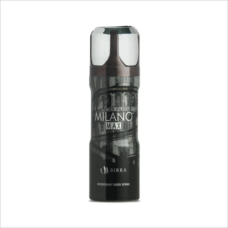Front view of Milano Deo 200ml premium deodorant body spray by Birra, featuring a sleek black design with a silver cap and the label displaying 'MILANO MAX'.