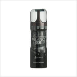 Front view of Milano Deo 200ml premium deodorant body spray by Birra, featuring a sleek black design with a silver cap and the label displaying 'MILANO MAX'.