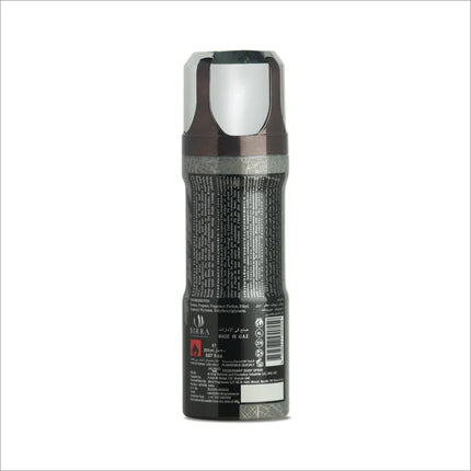 Back view of Milano Deo 200ml premium deodorant body spray by Birra, showcasing the detailed product information and ingredients with a black and silver design.
