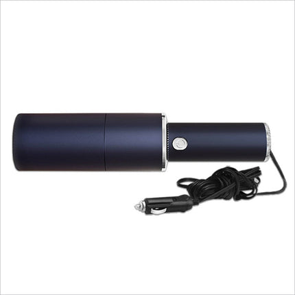 Mini vacuum cleaner with strong suction featuring a black cylindrical car charger umbrella and silver accents with coiled cord