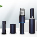 Black handheld mini vacuum cleaner with strong suction blue led lighting and transparent dust chamber for home car use