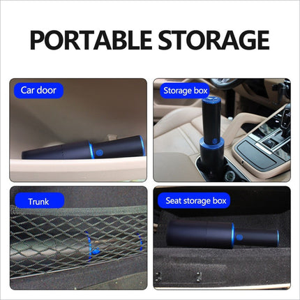 Compact black and blue mini vacuum cleaner with strong suction and sleek design ideal for portable car and home use