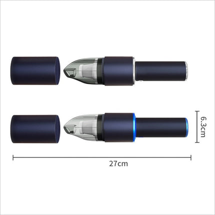 Navy blue mini vacuum cleaner with transparent dust chamber and silver accents strong suction for home office car cleaning