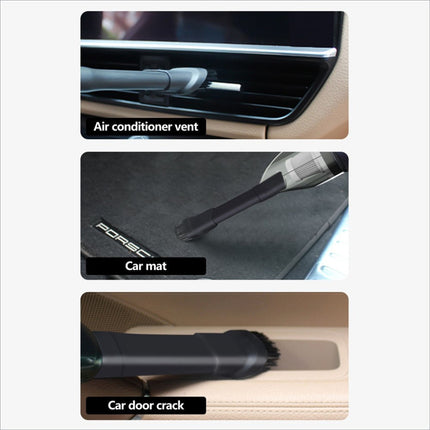 Black mini vacuum cleaner with strong suction, flexible hose, and attachments for wet dry cleaning car interiors and home