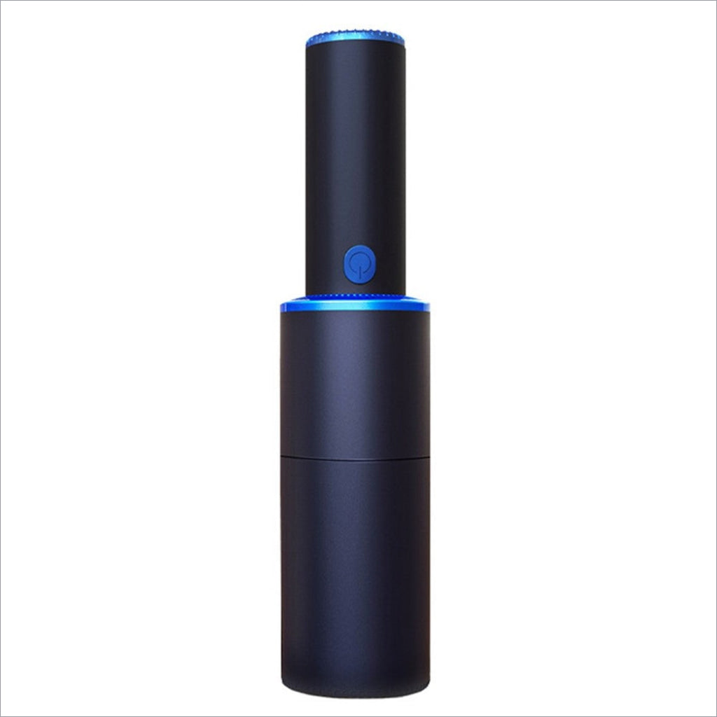 Black cylindrical mini vacuum cleaner with blue led accents and power button featuring strong suction for home office car cleaning