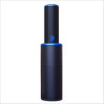 Black cylindrical mini vacuum cleaner with blue led accents and power button featuring strong suction for home office car cleaning