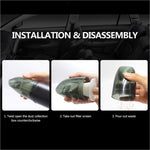 A sleek dark green and black mini vacuum cleaner with strong suction and transparent dust box for home office car cleaning