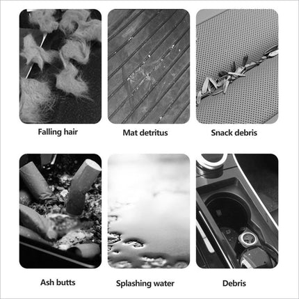 Image of mini vacuum cleaner with strong suction cleaning hair, mat detritus, snacks, ash butts, water, and debris in car interior